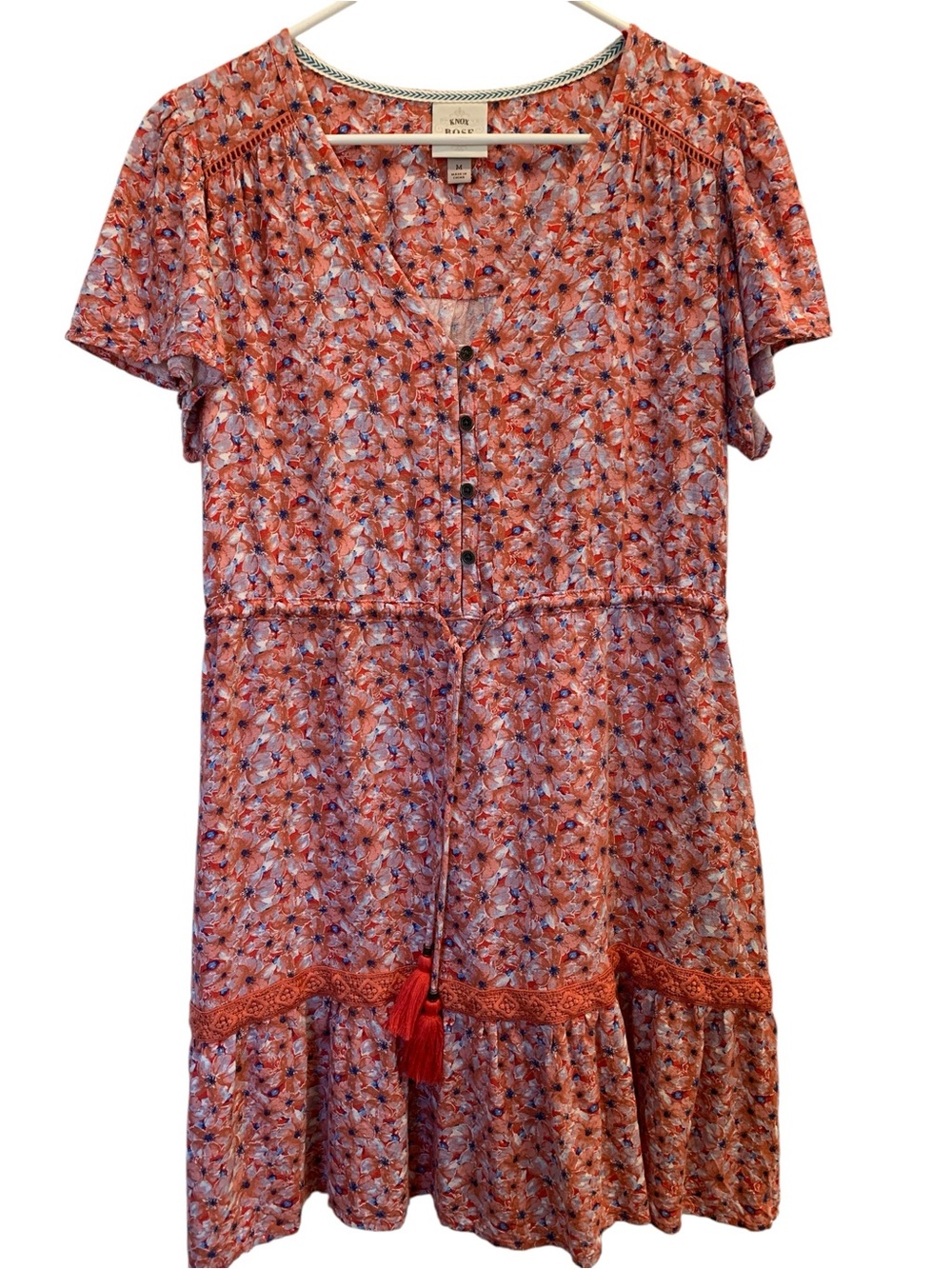 Knox Rose V-Neck Boho Knee Length Dress Red Floral Size Medium